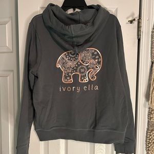 Dark grey ivory Ella hoodie with light pink elephant. Size medium